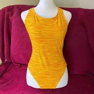 VTG Dolfin Yellow Orange Zebra Stripe Racerback Swimsuit USA 80s 90s 36